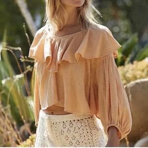 Free People Zuri Blouse M Gold Peach Cotton Boho Cropped Ruffle Open Back Top